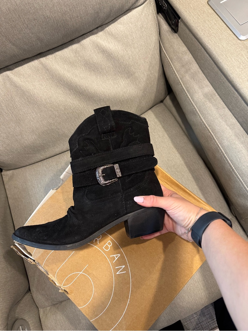 Urban Outfitters Women’s Black Suede Western Cowboy Boots  with Silver Buckle